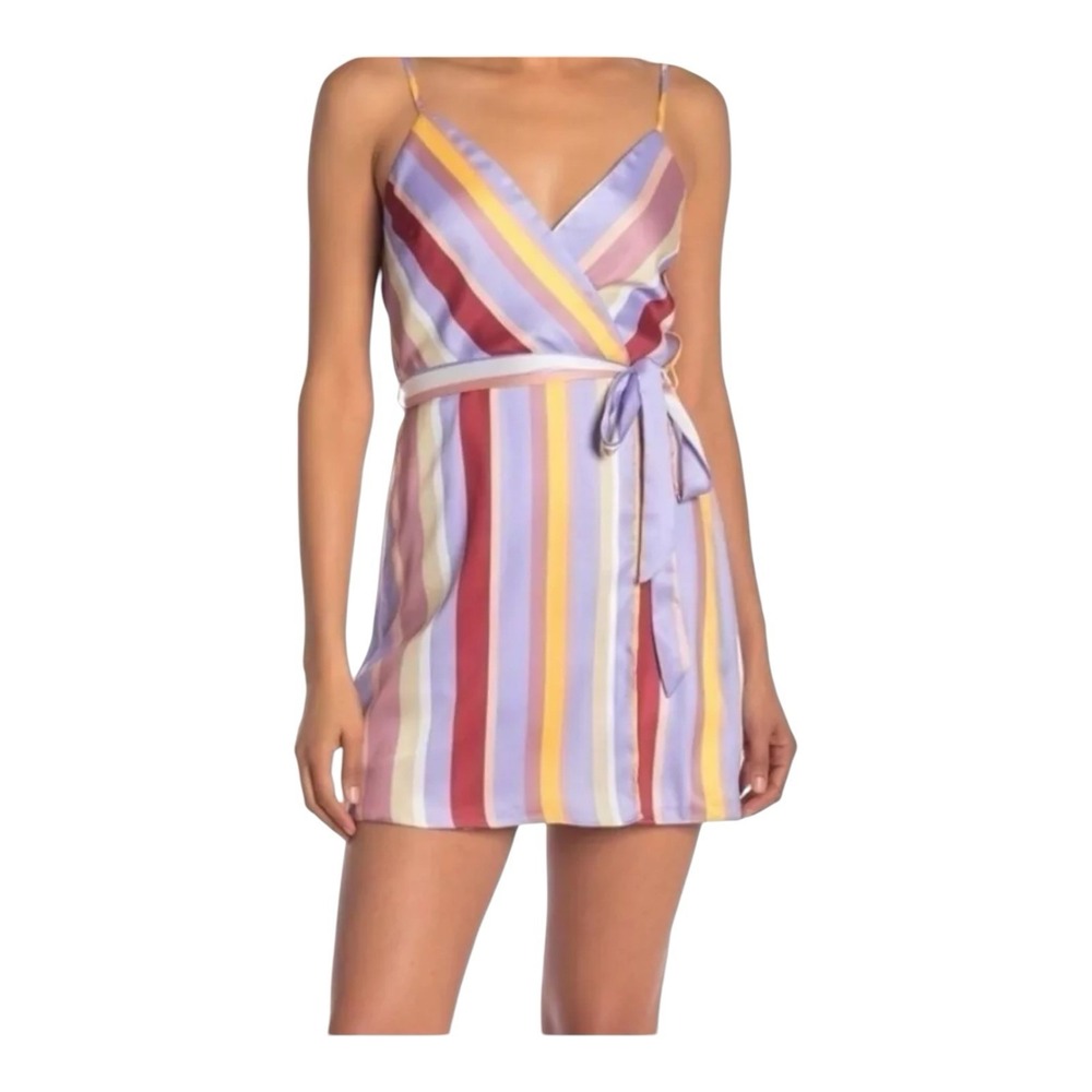 J.O.A. Dress Womens Small Purple Lavender Rainbow‎ Cassie Stripe Surplice